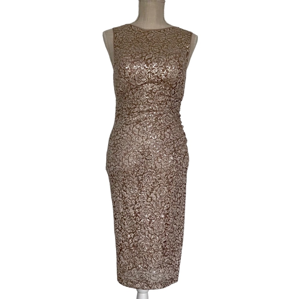 XSCAPE size  4 tan midi dress with gold sparkles and built in bra
